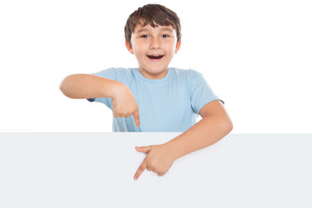 Child kid showing pointing on empty blank sign copyspace copy space marketing ad advert isolated on a white backgroundの写真素材