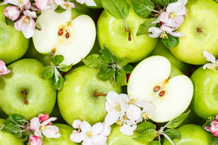 Apples fruits green apple fruit background with leaves and blossoms organicの写真素材