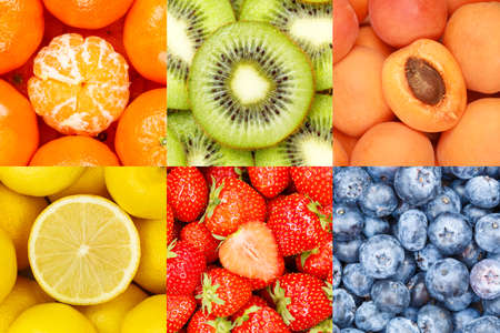 Collection of fruits fruit collage background with strawberries strawberry lemon fresh berries berry blueberries blueberry vitaminsの写真素材