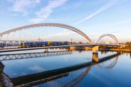Beatus Rhenanus Bridge for trams over Rhine River between Kehl and Strasbourg Germany France transportの写真素材
