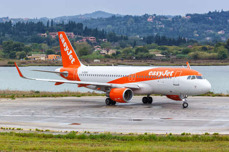 Corfu, Greece - September 18, 2020: EasyJet Airbus A320 airplane at Corfu airport (CFU) in Greece. Airbus is a European aircraft manufacturer based in Toulouse, France.のeditorial素材