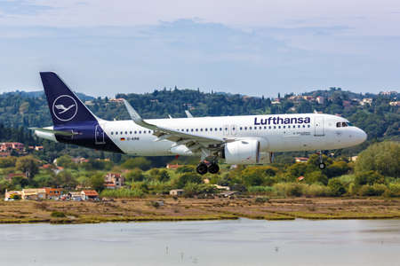 Corfu, Greece - September 19, 2020: Lufthansa Airbus A320neo airplane at Corfu airport (CFU) in Greece. Airbus is a European aircraft manufacturer based in Toulouse, France.のeditorial素材