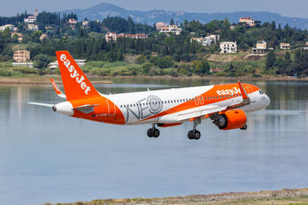 Corfu, Greece - September 19, 2020: EasyJet Airbus A320neo airplane at Corfu airport (CFU) in Greece. Airbus is a European aircraft manufacturer based in Toulouse, France.のeditorial素材