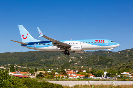 Skiathos, Greece - June 3, 2016: TUI Boeing 737-800 airplane at Skiathos airport (JSI) in Greece. Boeing is an American aircraft manufacturer headquartered in Chicago.のeditorial素材