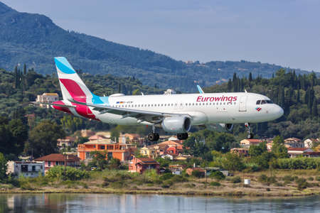 Corfu, Greece - September 19, 2020: Eurowings Airbus A320 airplane at Corfu airport (CFU) in Greece. Airbus is a European aircraft manufacturer based in Toulouse, France.のeditorial素材