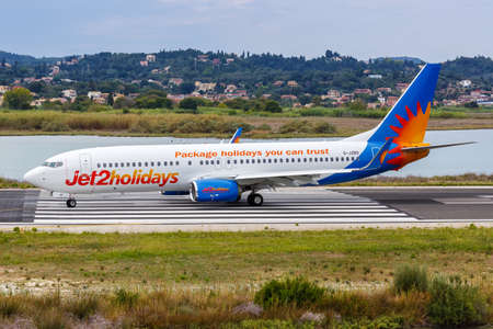 Corfu, Greece - September 17, 2020: Jet2 Boeing 737-800 airplane at Corfu airport (CFU) in Greece. Boeing is an American aircraft manufacturer headquartered in Chicago.のeditorial素材
