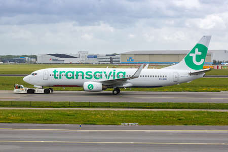 Amsterdam, Netherlands - May 21, 2021: Transavia Boeing 737-800 airplane at Amsterdam Schiphol airport (AMS) in the Netherlands.のeditorial素材