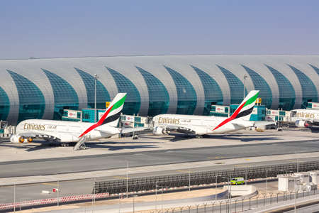 Dubai, United Arab Emirates - May 27, 2021: Emirates Airbus A380 airplanes at Dubai airport (DXB) in the United Arab Emirates.のeditorial素材