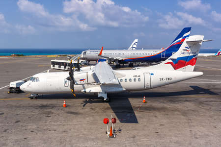 Heraklion, Greece - September 17, 2018: Sky Express ATR 42-500 airplane at Heraklion airport (HER) in Greece.のeditorial素材