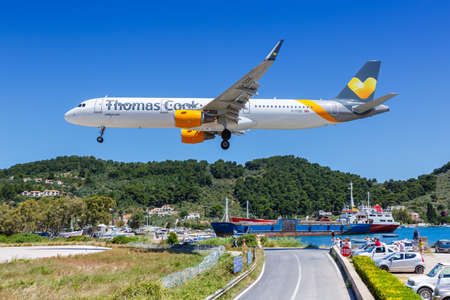 Skiathos, Greece - June 3, 2016: Thomas Cook Airlines Airbus A321 airplane at Skiathos airport (JSI) in Greece.のeditorial素材