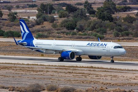 Santorini, Greece - August 4, 2021: Aegean Airlines Airbus A321neo airplane at Santorini airport (JTR) in Greece.のeditorial素材