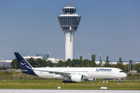 Munich, Germany - September 9, 2021: Lufthansa Airbus A350-900 airplane at Munich airport (MUC) in Germany.のeditorial素材