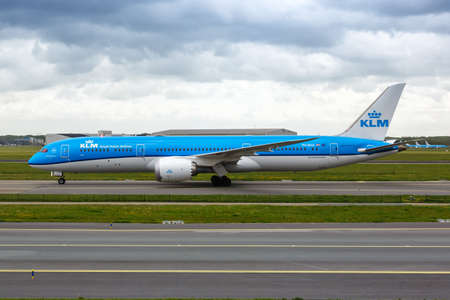 Amsterdam, Netherlands - May 21, 2021: KLM Royal Dutch Airlines Boeing 787-9 Dreamliner airplane at Amsterdam Schiphol airport (AMS) in the Netherlands.のeditorial素材
