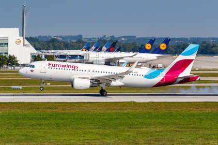 Munich, Germany - September 9, 2021: Eurowings Airbus A320 airplane at Munich airport (MUC) in Germany.のeditorial素材