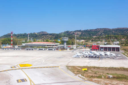 Zakynthos, Greece - September 21, 2020: Old terminal and tower of Zakynthos airport (ZTH) in Greece.のeditorial素材