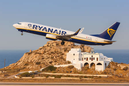 Santorini, Greece - August 4, 2021: Ryanair Boeing 737-800 airplane at Santorini airport (JTR) in Greece.のeditorial素材