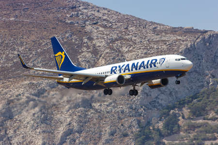 Santorini, Greece - August 4, 2021: Ryanair Boeing 737-800 airplane at Santorini airport (JTR) in Greece.のeditorial素材