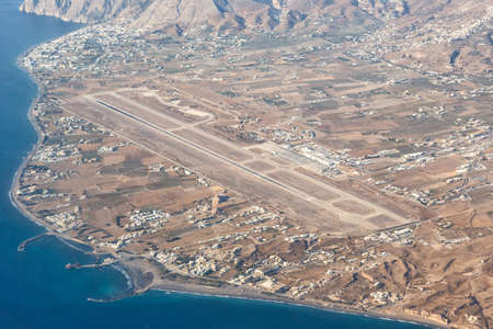 Santorini, Greece - August 4, 2021: Overview of Santorini airport (JTR) in Greece.のeditorial素材
