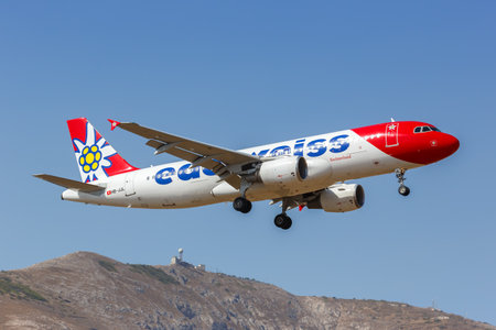Santorini, Greece - August 4, 2021: Edelweiss Airbus A320 airplane at Santorini airport (JTR) in Greece.のeditorial素材