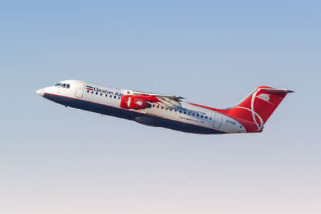 Dubai, United Arab Emirates - May 27, 2021: Qeshm Air British Aerospace Avro RJ100 airplane at Dubai airport (DXB) in the United Arab Emirates.のeditorial素材