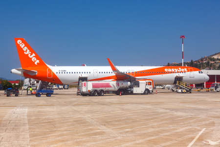 Kefalonia, Greece - September 20, 2020: EasyJet Airbus A321neo airplane at Kefalonia airport (EFL) in Greece.のeditorial素材