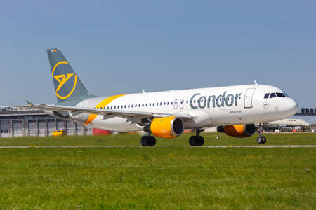 Stuttgart, Germany - September 8, 2021: Condor Airbus A320 airplane at Stuttgart airport (STR) in Germany.のeditorial素材