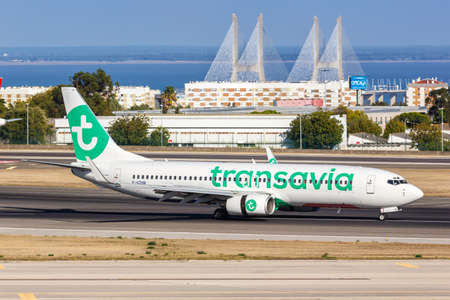 Lisbon, Portugal - September 24, 2021: Transavia Boeing 737-800 airplane at Lisbon airport (LIS) in Portugal.のeditorial素材