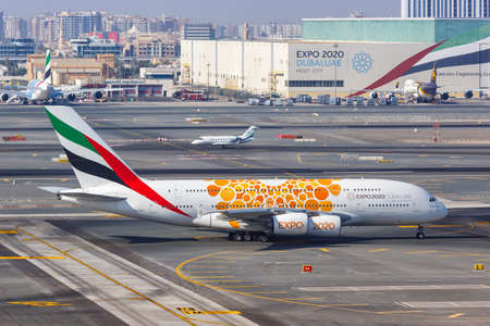 Dubai, United Arab Emirates - May 27, 2021: Emirates Airbus A380 airplane at Dubai airport (DXB) in the United Arab Emirates.のeditorial素材