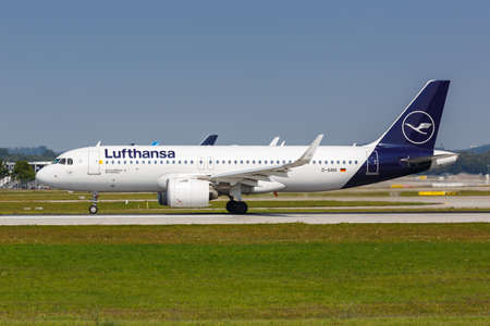 Munich, Germany - September 9, 2021: Lufthansa Airbus A320neo airplane at Munich airport (MUC) in Germany.のeditorial素材