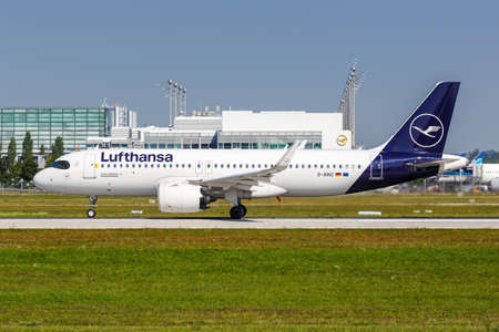 Munich, Germany - September 9, 2021: Lufthansa Airbus A320neo airplane at Munich airport (MUC) in Germany.のeditorial素材