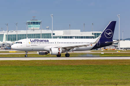 Munich, Germany - September 9, 2021: Lufthansa Airbus A320 airplane at Munich airport (MUC) in Germany.のeditorial素材