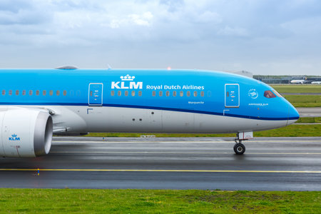Amsterdam, Netherlands - May 21, 2021: KLM Royal Dutch Airlines Boeing 787-9 Dreamliner airplane at Amsterdam Schiphol airport (AMS) in the Netherlands.のeditorial素材