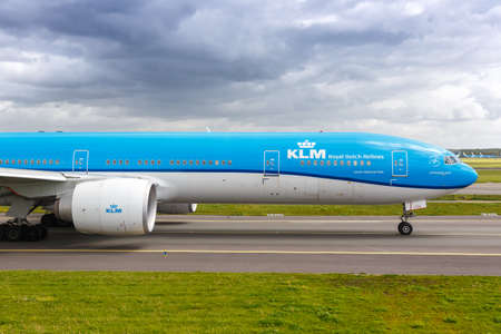 Amsterdam, Netherlands - May 21, 2021: KLM Royal Dutch Airlines Boeing 777-300ER airplane at Amsterdam Schiphol airport (AMS) in the Netherlands.のeditorial素材