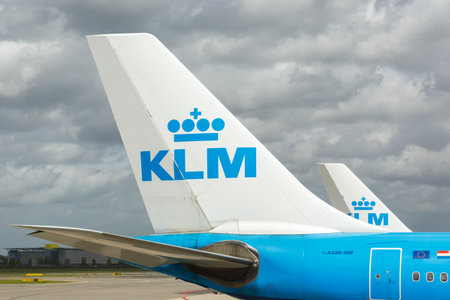 Amsterdam, Netherlands - May 21, 2021: KLM Royal Dutch Airlines Airbus airplane tails at Amsterdam Schiphol airport (AMS) in the Netherlands.のeditorial素材