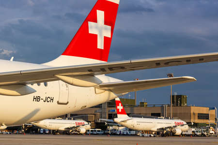 Zurich, Switzerland - July 22, 2020: Swiss Airbus airplanes at Zurich airport (ZRH) in Switzerland.のeditorial素材