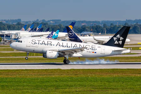 Munich, Germany - September 9, 2021: Lufthansa CityLine Airbus A319 airplane with the Star Alliance special livery at Munich airport (MUC) in Germany.のeditorial素材