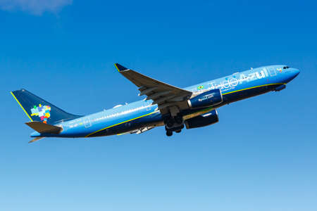 Lisbon, Portugal - September 23, 2021: Azul Airbus A330-200 airplane in the Tudo Azul special livery at Lisbon airport (LIS) in Portugal.のeditorial素材