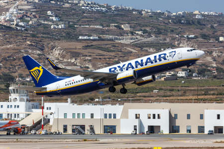 Santorini, Greece - August 4, 2021: Ryanair Boeing 737-800 airplane at Santorini airport (JTR) in Greece.のeditorial素材