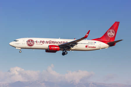 Palma de Mallorca, Spain - October 25, 2021: Corendon Airlines Boeing 737-800 airplane with the 1. FC NÃ¼rnberg special livery at Palma de Mallorca airport (PMI) in Spain.のeditorial素材