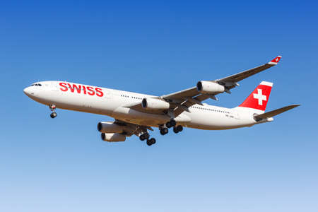Palma de Mallorca, Spain - October 24, 2021: Swiss Airbus A340-300 airplane at Palma de Mallorca airport (PMI) in Spain.のeditorial素材