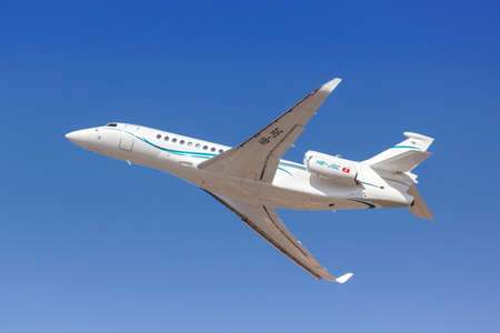 Santorini, Greece - August 4, 2021: Dasnair Dassault Falcon 8X airplane at Santorini airport (JTR) in Greece.のeditorial素材