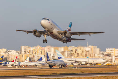 Faro, Portugal - September 25, 2021: Eurowings Airbus A319 airplane at Faro airport (FAO) in Portugal.のeditorial素材