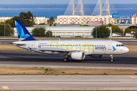 Lisbon, Portugal - September 24, 2021: Azores Airlines Airbus A320 airplane at Lisbon airport (LIS) in Portugal.のeditorial素材