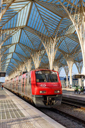 Lisbon, Portugal - September 23, 2021: Train at Lisbon Lisboa Oriente railway station modern architecture in Portugal.のeditorial素材