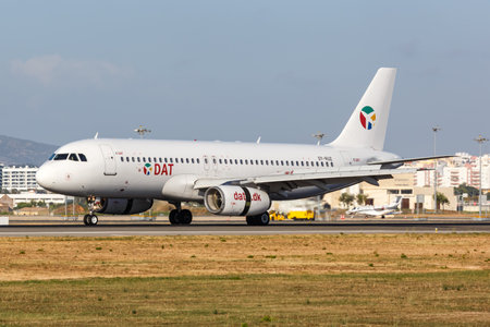 Faro, Portugal - September 25, 2021: DAT Danish Air Transport Airbus A320 airplane at Faro airport (FAO) in Portugal.のeditorial素材
