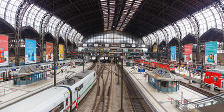 Hamburg, Germany - April 21, 2021: Hamburg main railway station Hauptbahnhof Hbf in Germany Deutsche Bahn DB with trains panorama in Germany.のeditorial素材