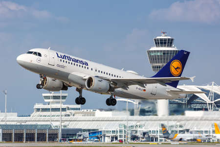 Munich, Germany - September 9, 2021: Lufthansa Airbus A319 airplane at Munich airport (MUC) in...