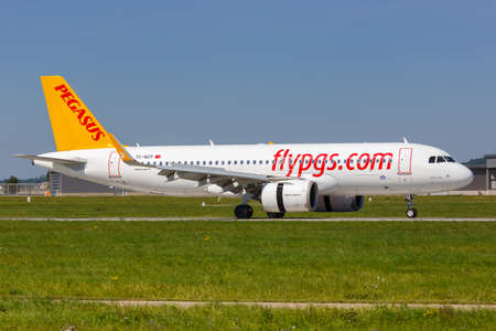 Stuttgart, Germany - September 8, 2021: Pegasus Airbus A320neo airplane at Stuttgart airport (STR) in Germany.のeditorial素材