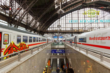 Cologne, Germany - August 3, 2021: Trains at Cologne KÃ¶ln main railway station Hauptbahnhof Hbf in Germany.のeditorial素材