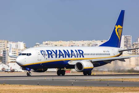 Faro, Portugal - September 25, 2021: Ryanair Boeing 737-800 airplane at Faro airport (FAO) in Portugal.のeditorial素材